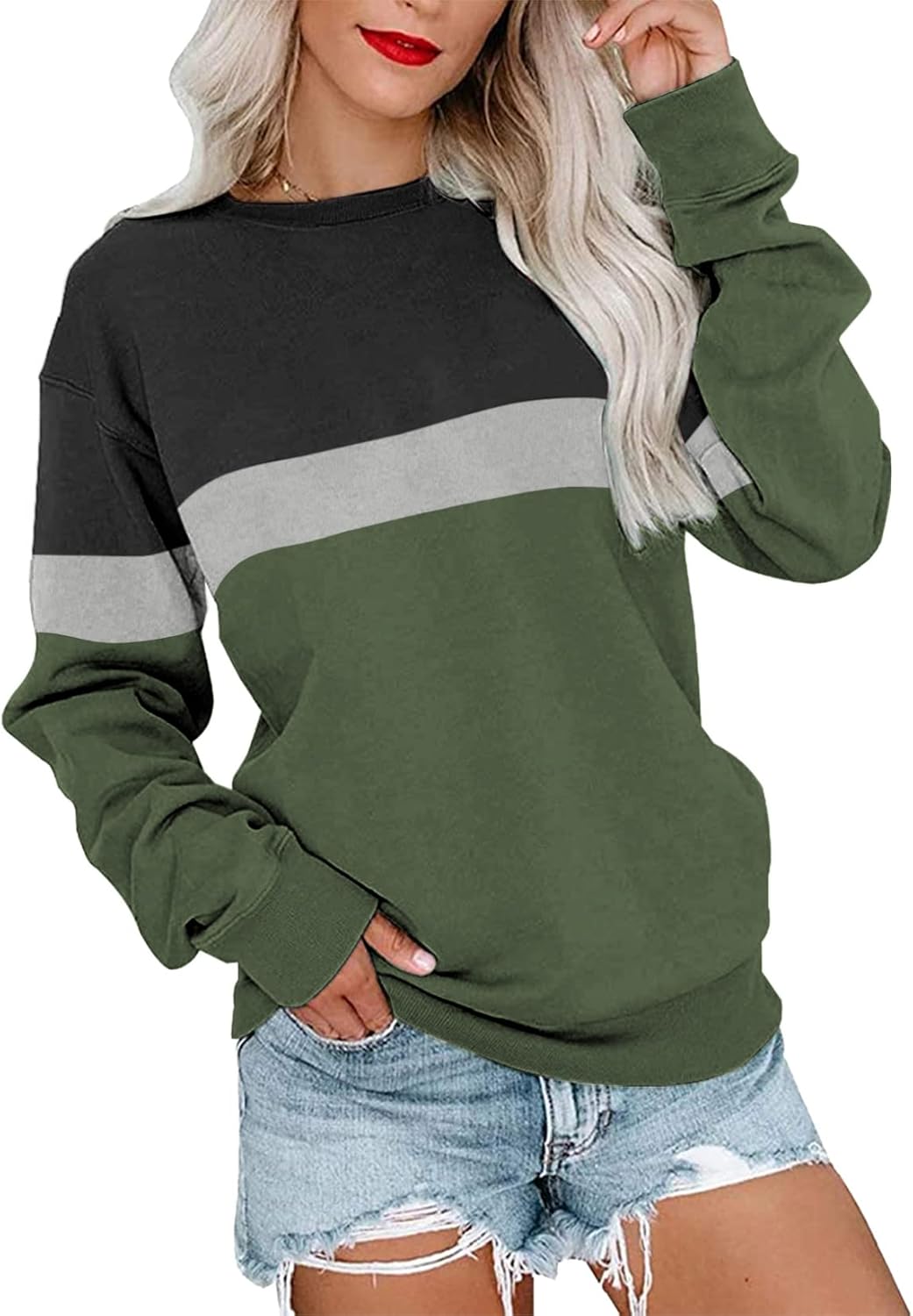 PGANDS Womens Crew Neck Solid/Color Block Sweatshirts Long Sleeve Casual Lightwe...