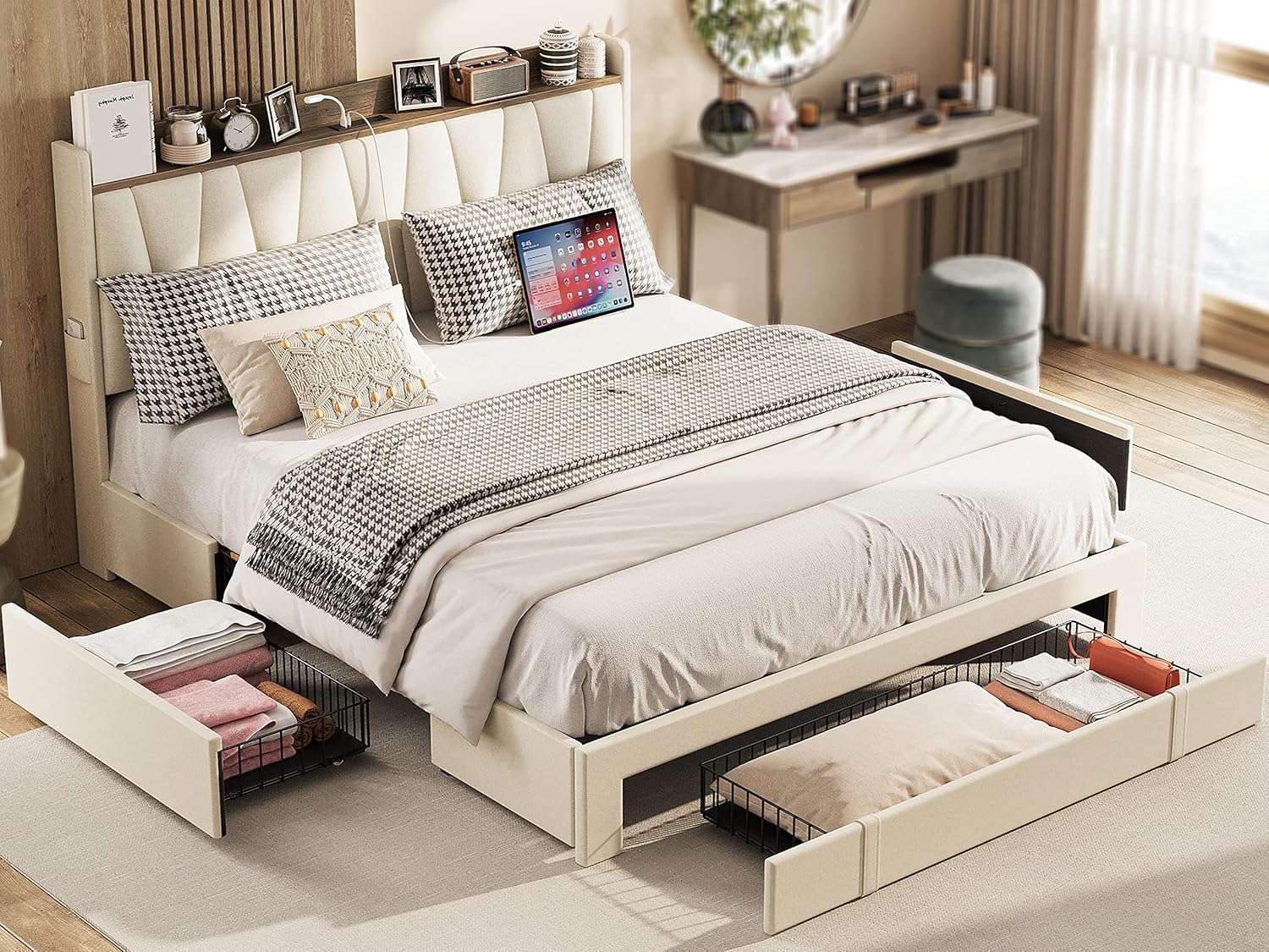 ANCTOR Queen Bed Frame with 3 Drawers, Upholstered Platform Bed with Storage Hea...