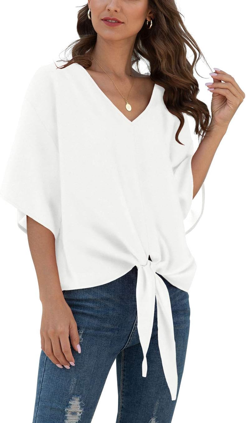 VIISHOW Womens Chiffon Blouses, Special Tie Front Tops, Innovative V Neck Batwin...
