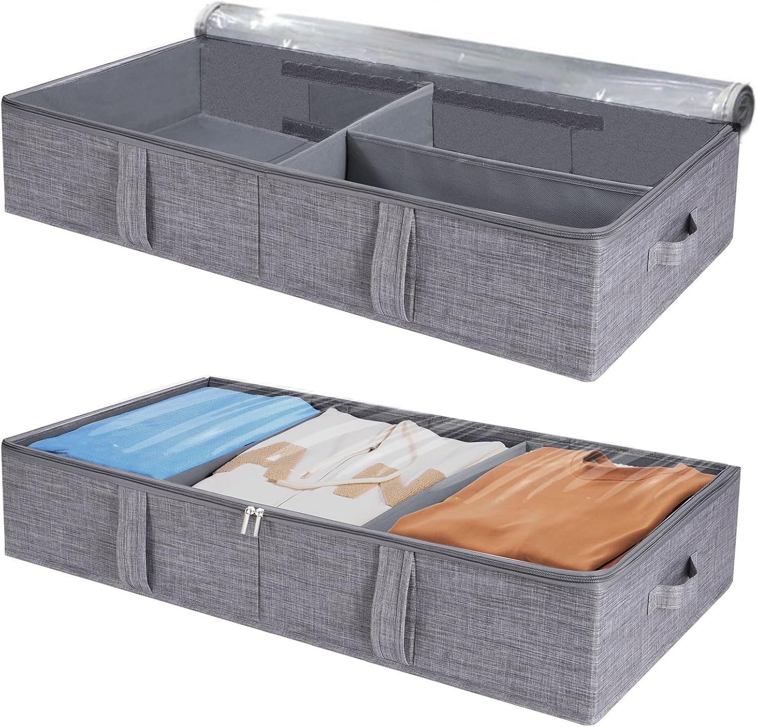 2 Pack 50L Under Bed Storage Box with Lid, Foldable Linen Storage Box with Sturd...