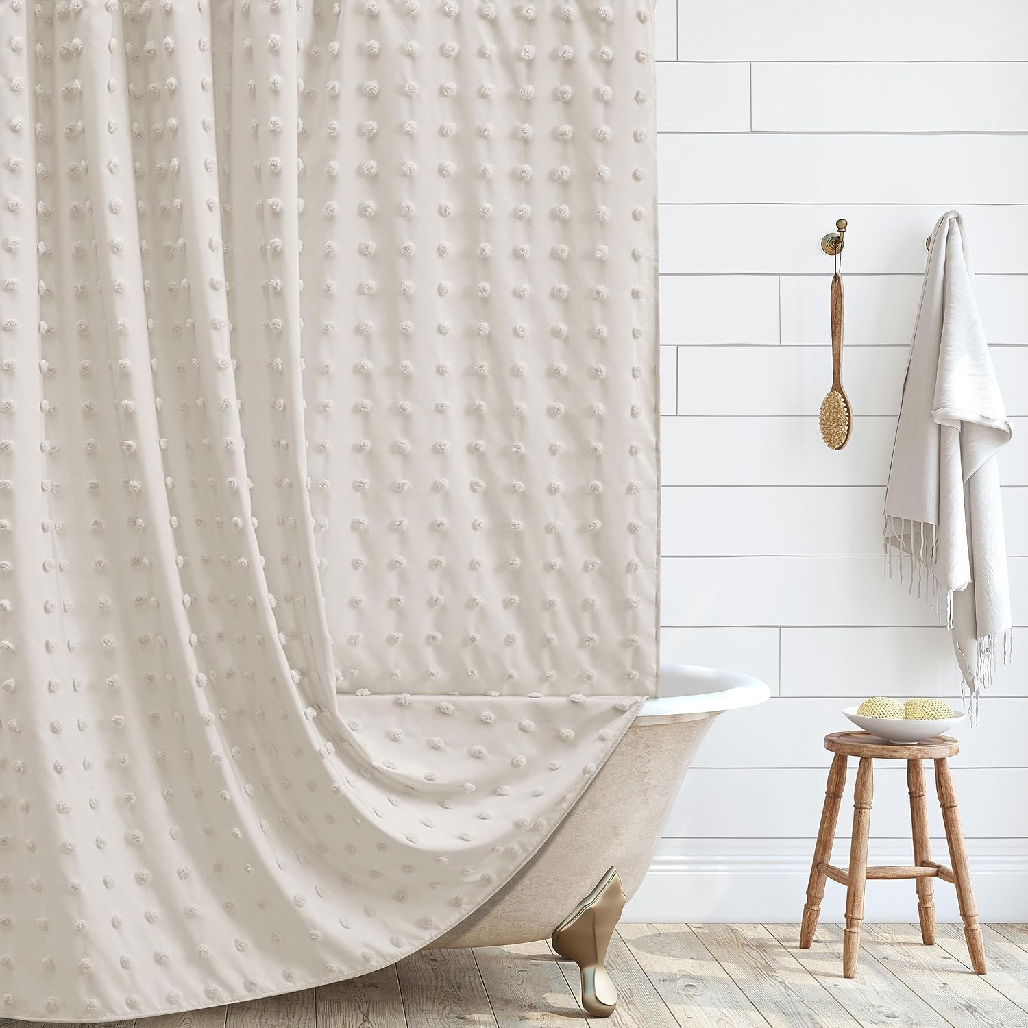 Boho Farmhouse Beige Shower Curtain Woven Fabric Cute Shower Curtain, 72 x 72 Tu...