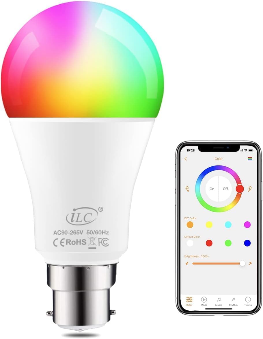 iLC Colour Changing LED Light Bulb B22 10W RGBW Controlled by APP, Sync to Music...
