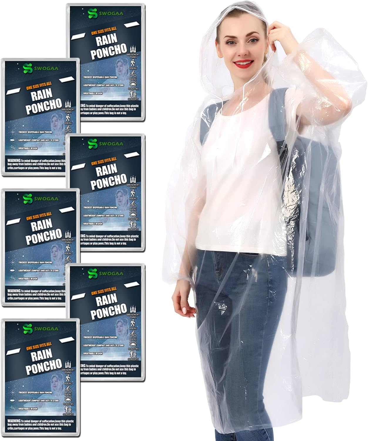 SWOGAA Disposable Rain Ponchos for Adults (6 Pack) - 50% Extra Thicker Men or Wo...