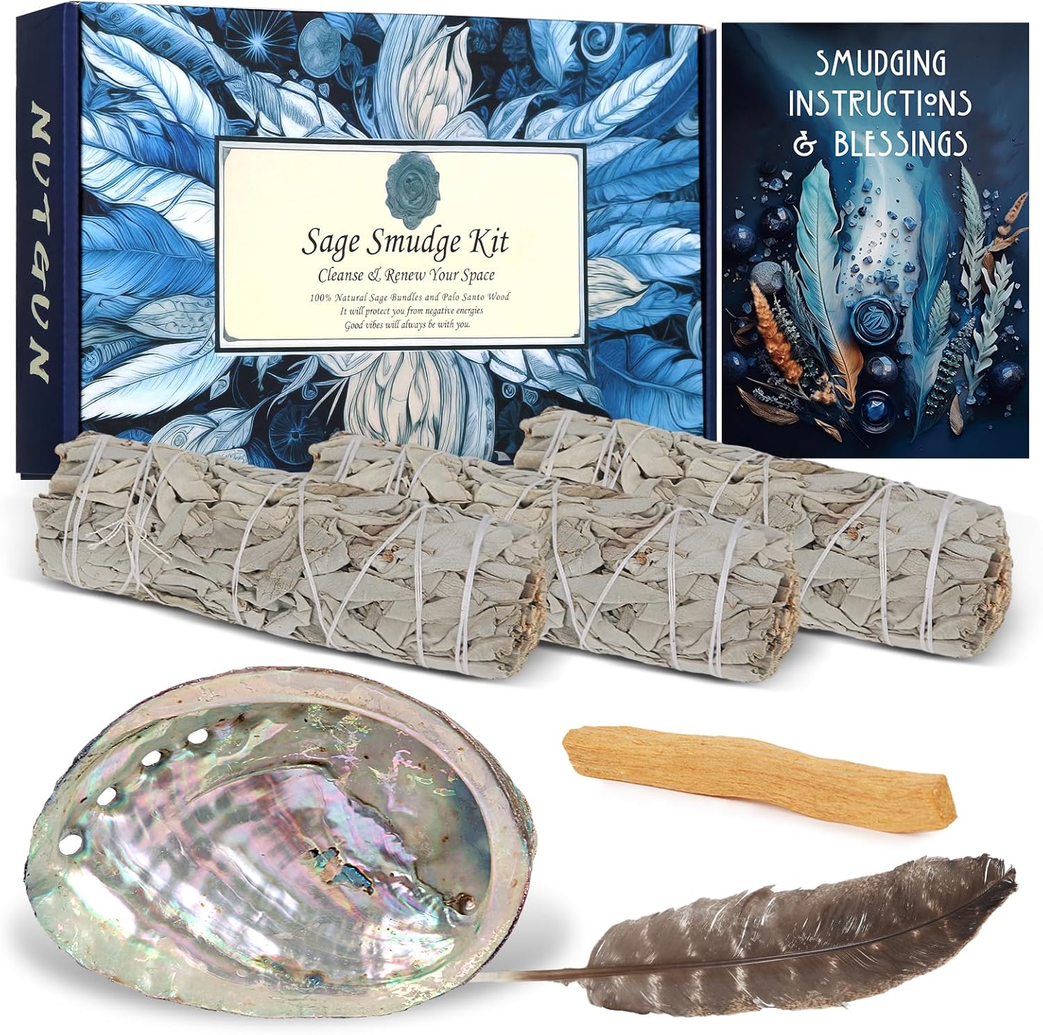 Nutgun Sage Smudge Kit - 3 White Sage Sticks, Palo Santo Stick, Abalone Shell, S...