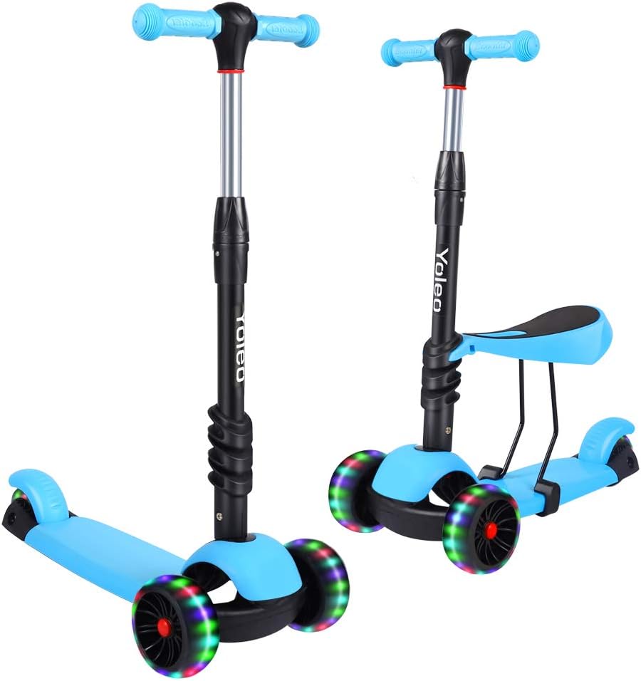 YOLEO Kids Three Wheel Kick Scooter with Removable Seat, LED Flashing Wheels, He...