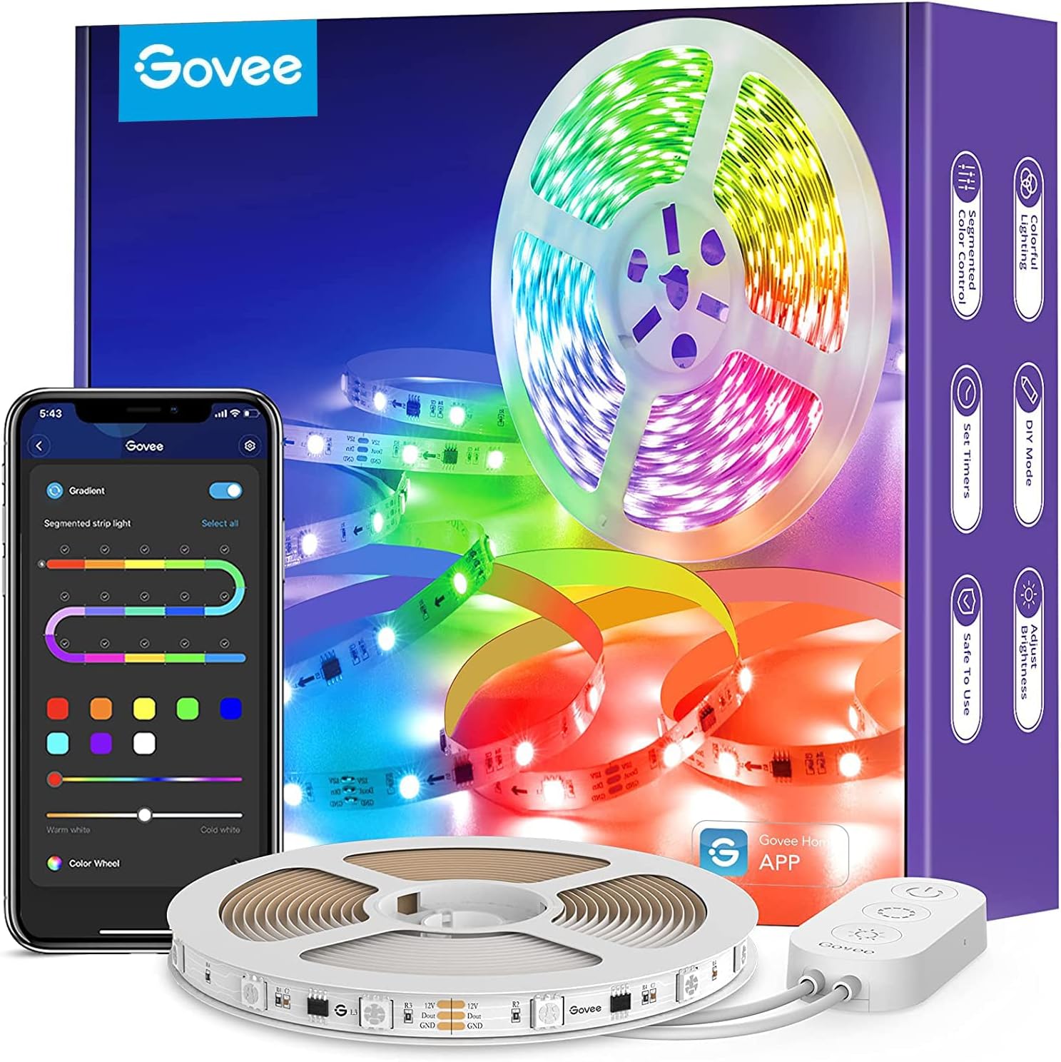Govee RGBIC LED Strip 5m, Segmented Rainbow-Like C...
