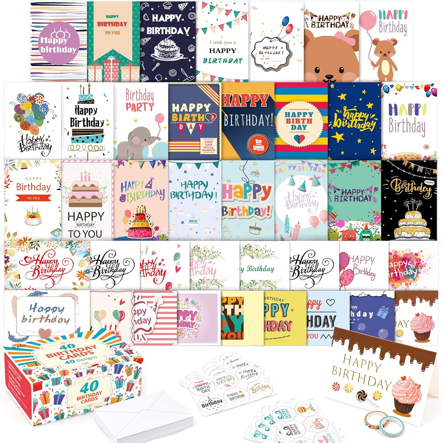 Feela 40 Happy Birthday Cards Pack, 40 Designs Birthday Cards Multipack and 40 B...