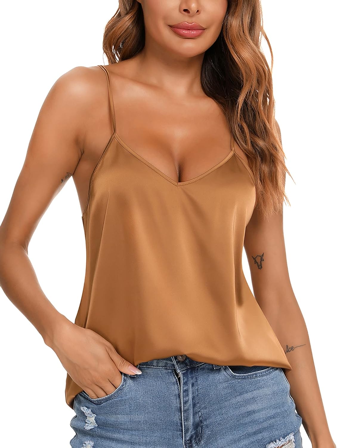 VIDUSSA Women's V Neck Satin Camisole, Special Women's Silk Loose Sleeveless Tan...