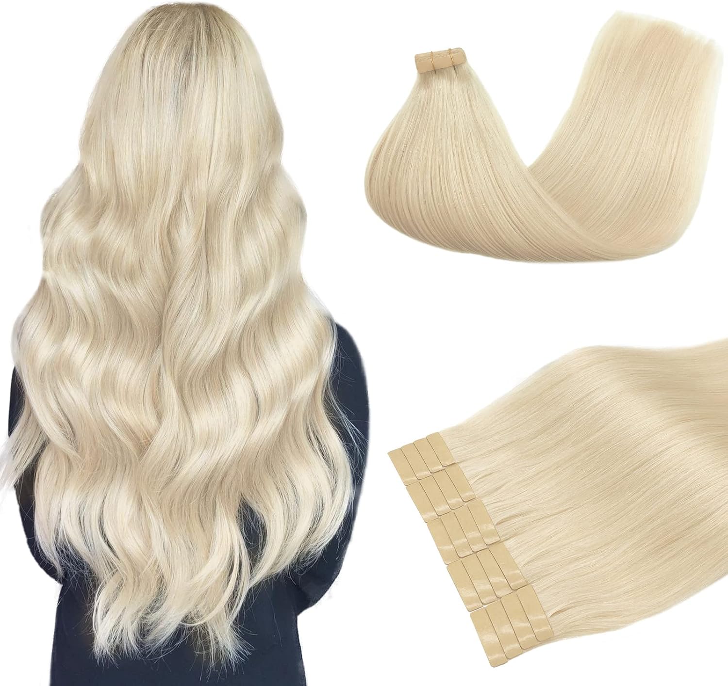 DOORES Tape in Human Hair Extensions, Special Platinum Blonde Extensions 16 Inch...