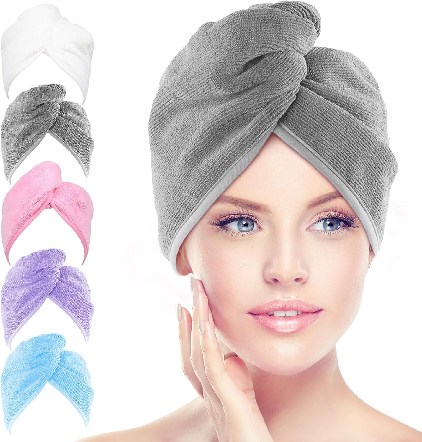 AIDEA Microfibre Hair Towel Wrap, 5 Pack Hair Turbans, Super Absorbent Quick Dry...