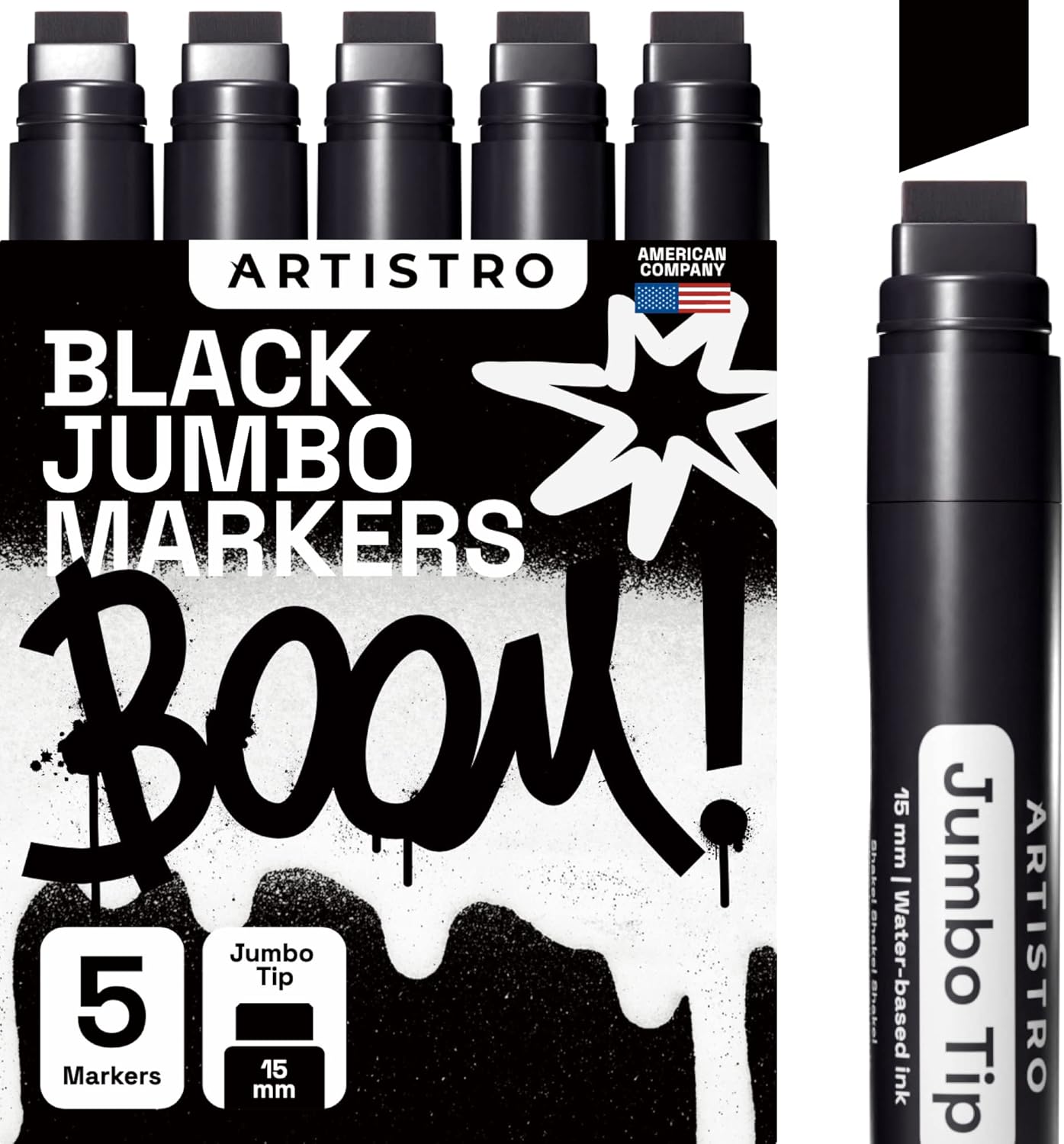 ARTISTRO 5 Jumbo Black Markers, Calligraphy Pen 15mm Jumbo Felt Tip, Acrylic Pai...