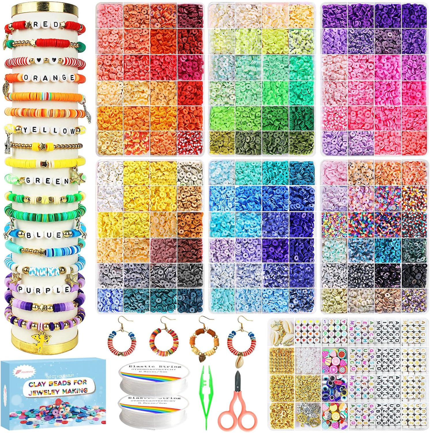 Fournine 23,000 Pcs Clay Beads Bracelet Making Kit, 144 Colors 7 Boxes Friendshi...