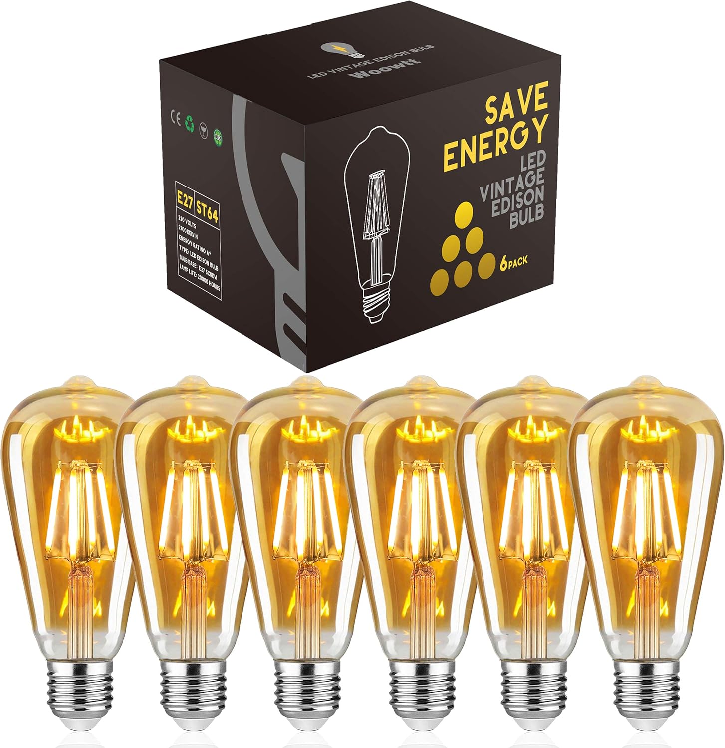 Woowtt LED Edison Bulb, Vintage Light Bulb, Dimmable 4W E27 LED Bulbs, Led Filam...