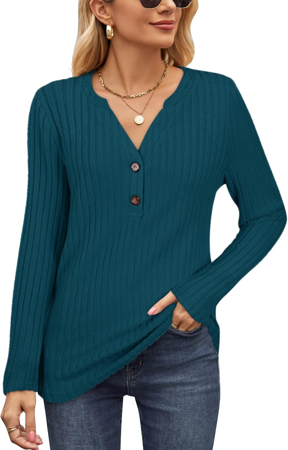 Akiooue Womens Long Sleeve Tops Casual V Neck Jumpers Ladies Solid Lightwight Kn...