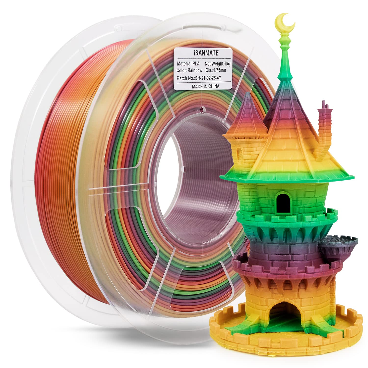 iSANMATE 3D Printer Filament, Color Change Rainbow PLA Filament 1.75 mm Dimensio...
