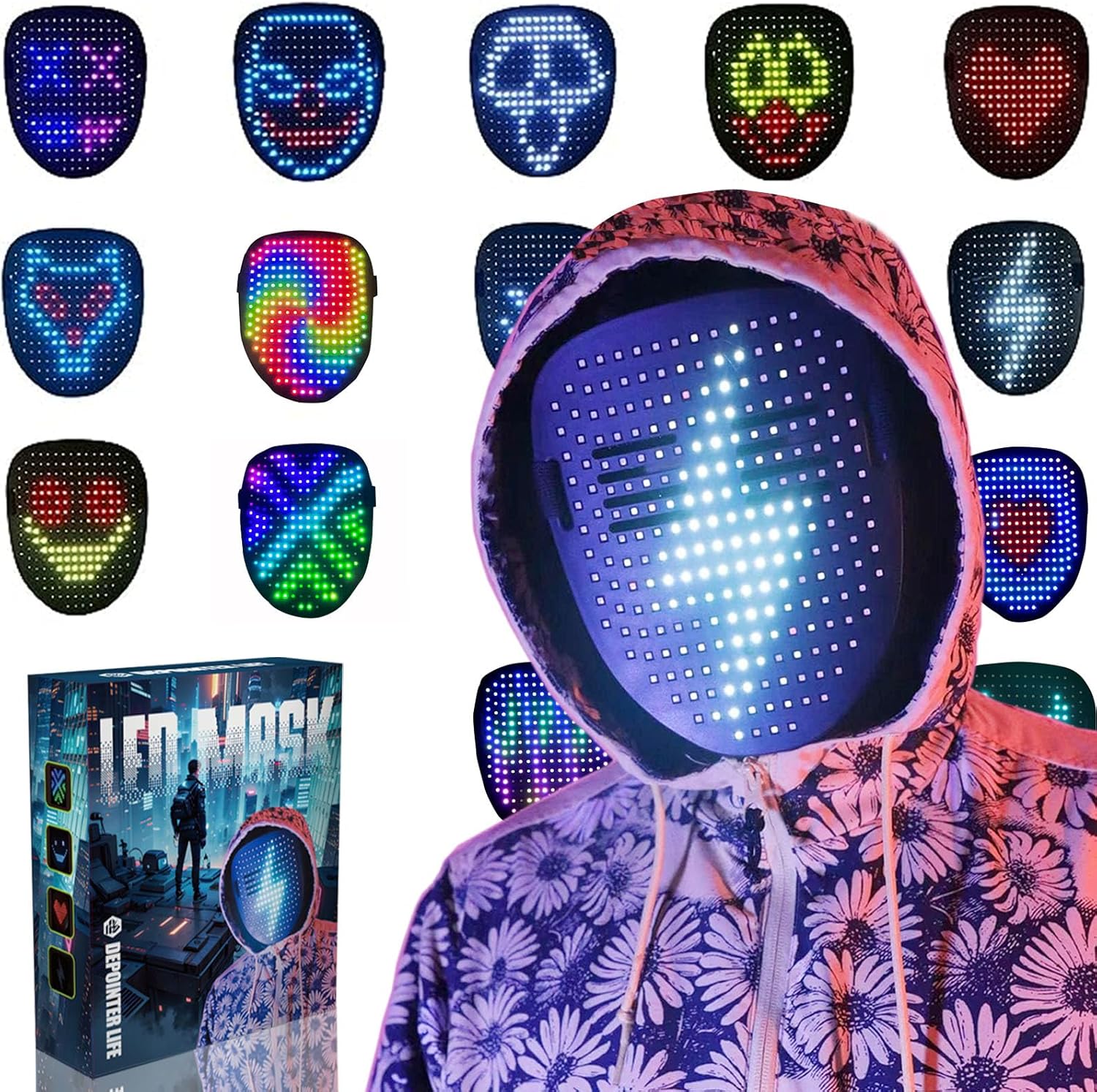 Depointer Life Led Mask with Gesture Sensing, LED Lighted Face Transforming Mask...