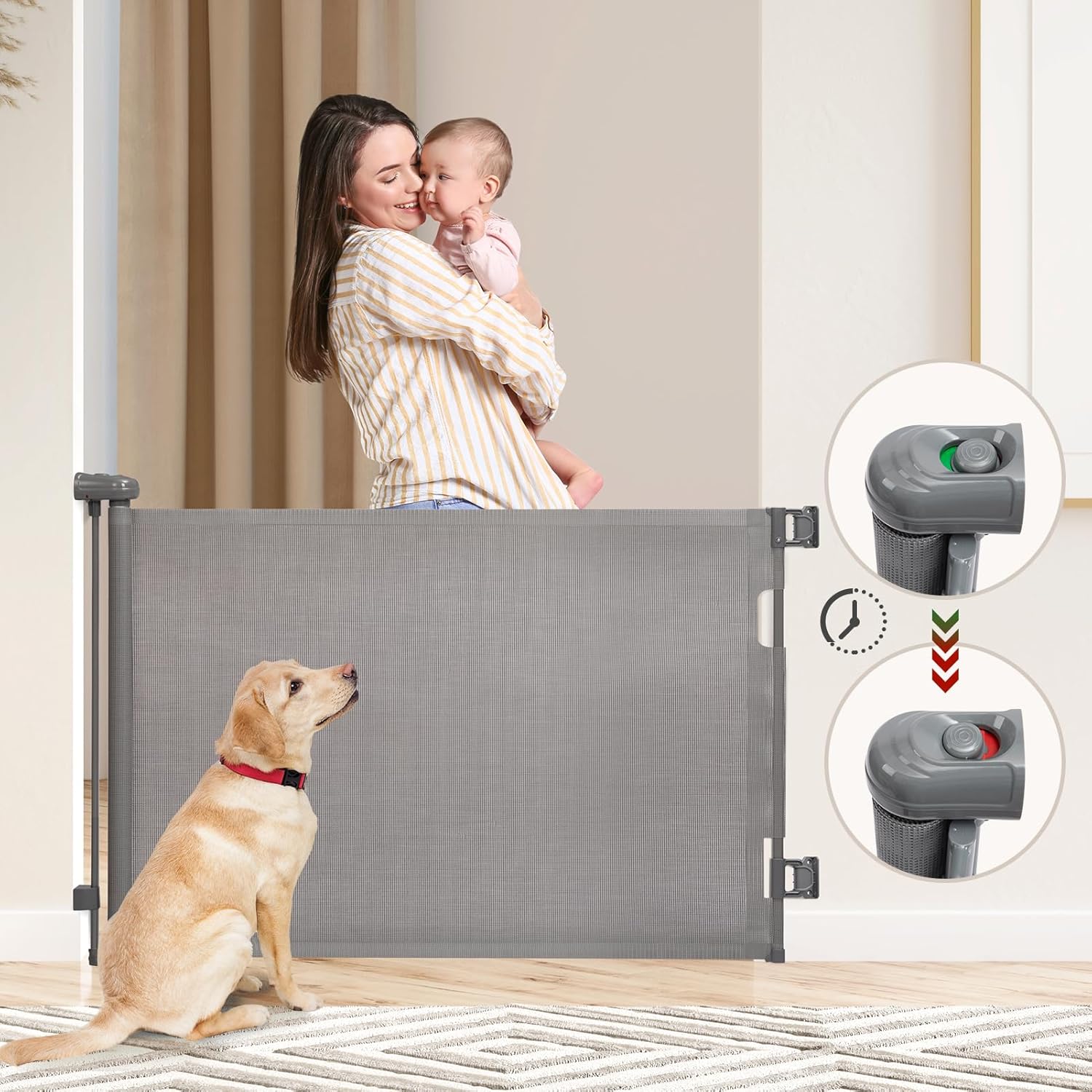 HollyHOME AutoLock Retractable Stair Gate 180cm Extra Wide One-Hand Operation Ba...