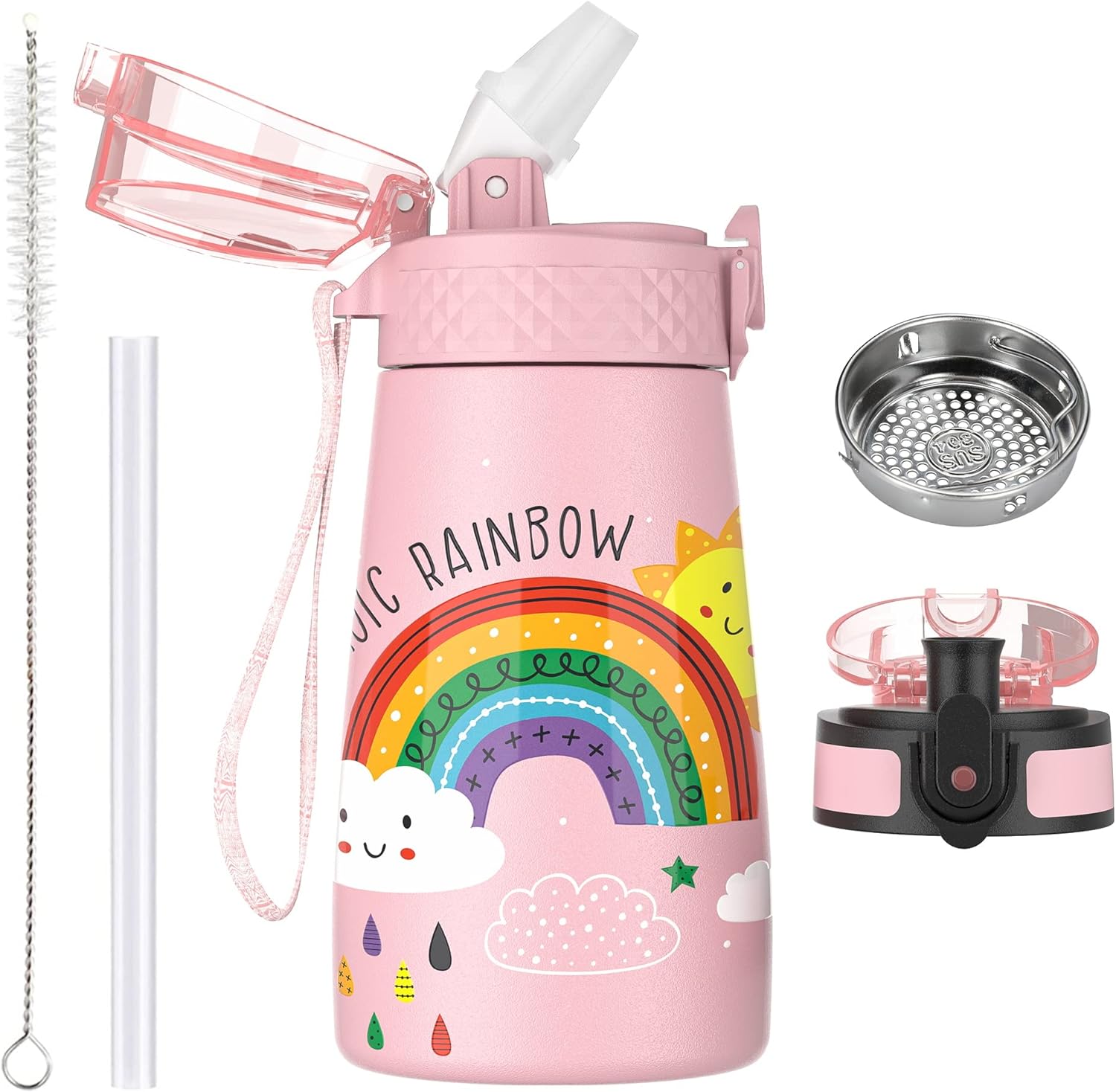 OLDLEY 350ml/12oz Kids Stainless Steel Water Bottle with Straw for School with 2...
