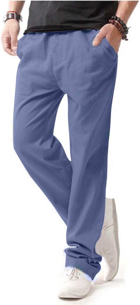 Hoerev Men Casual Beach Trousers Linen Trousers Pants M Lightblue