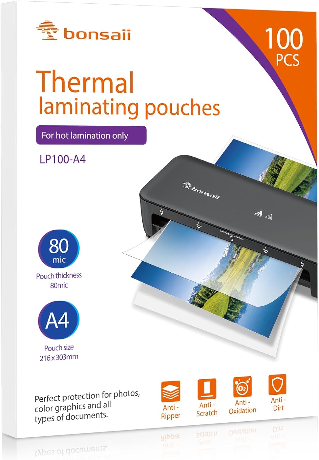 Bonsaii A4 Laminating Pouches, 100 Sheets, 160 Microns (2×80 Microns), Glossy Fi...