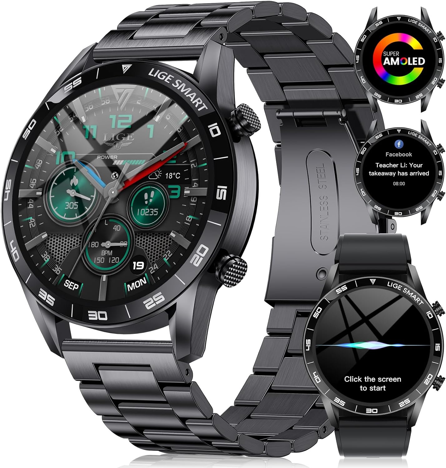 LIGE Smart Watch for Men AMOLED Display, 2 Straps, Answer/Make Call, Fitness Wat...