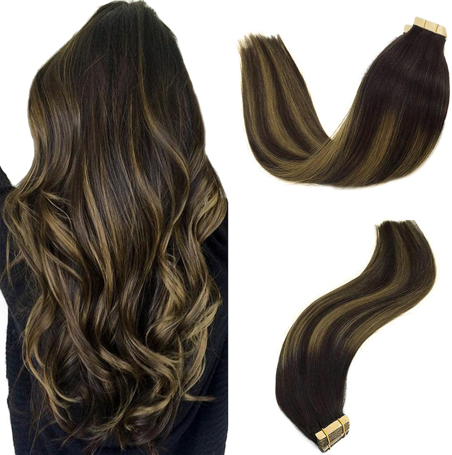 GOO GOO Tape in Hair Extensions Human Hair, 20pcs 50g 14inch, Balayage Dark Brow...