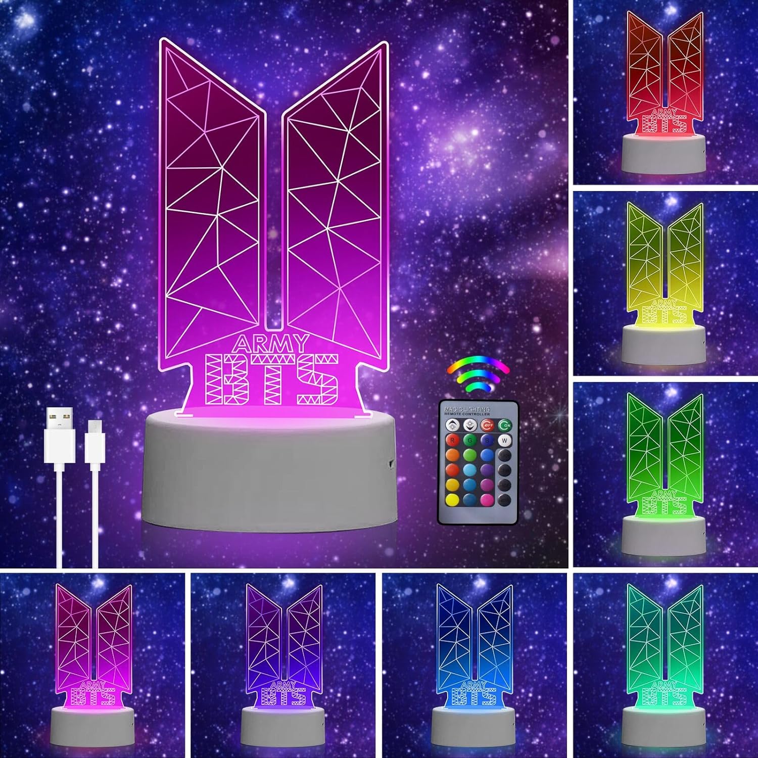 Eygerur Kpop Bangtan Boys Night Lights - 3D LED Intelligent Remote Control 16-Co...