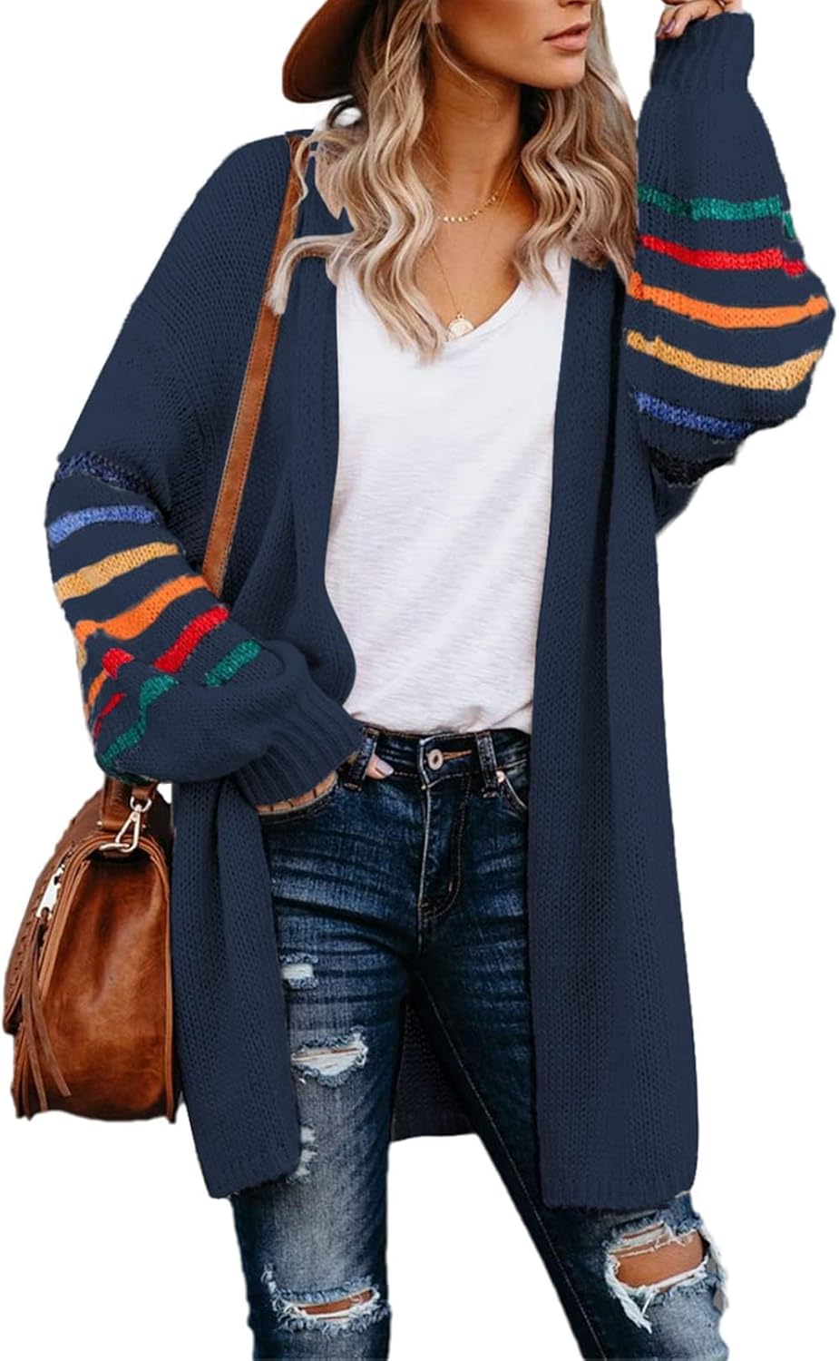 AlvaQ Women's Cardigans, Special Long Sleeve Open Front Rainbow Striped Color Bl...