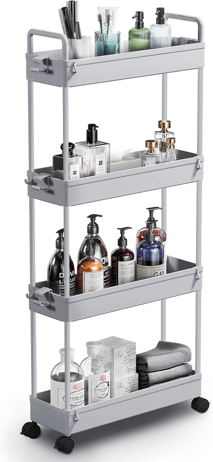 SOLEJAZZ 4-Tier Storage Trolley Cart, Special Slide-out Slim Rolling Utility Car...
