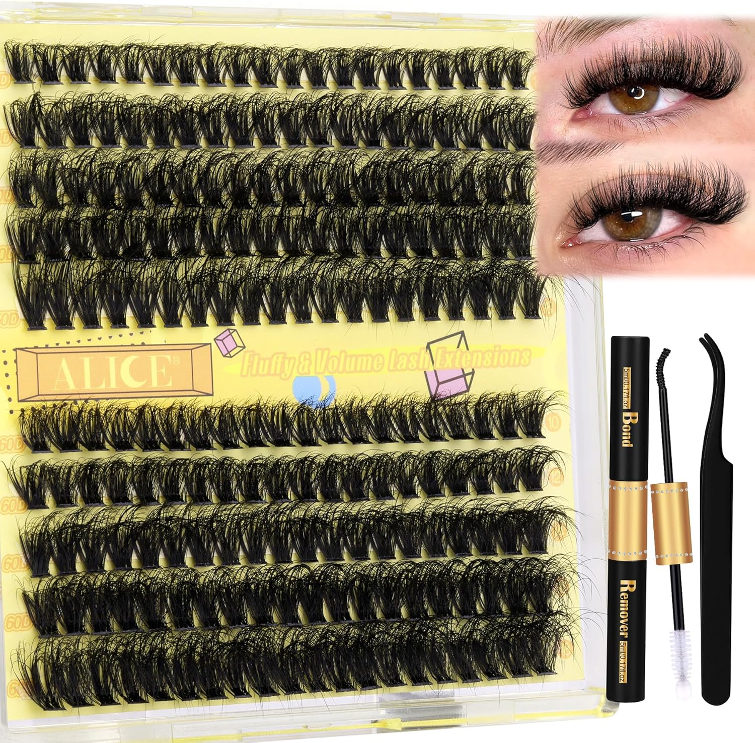 ALICE Lash Extension Kit, Special Lash Clusters Kit for Fluffy Volume 50D 60D, U...