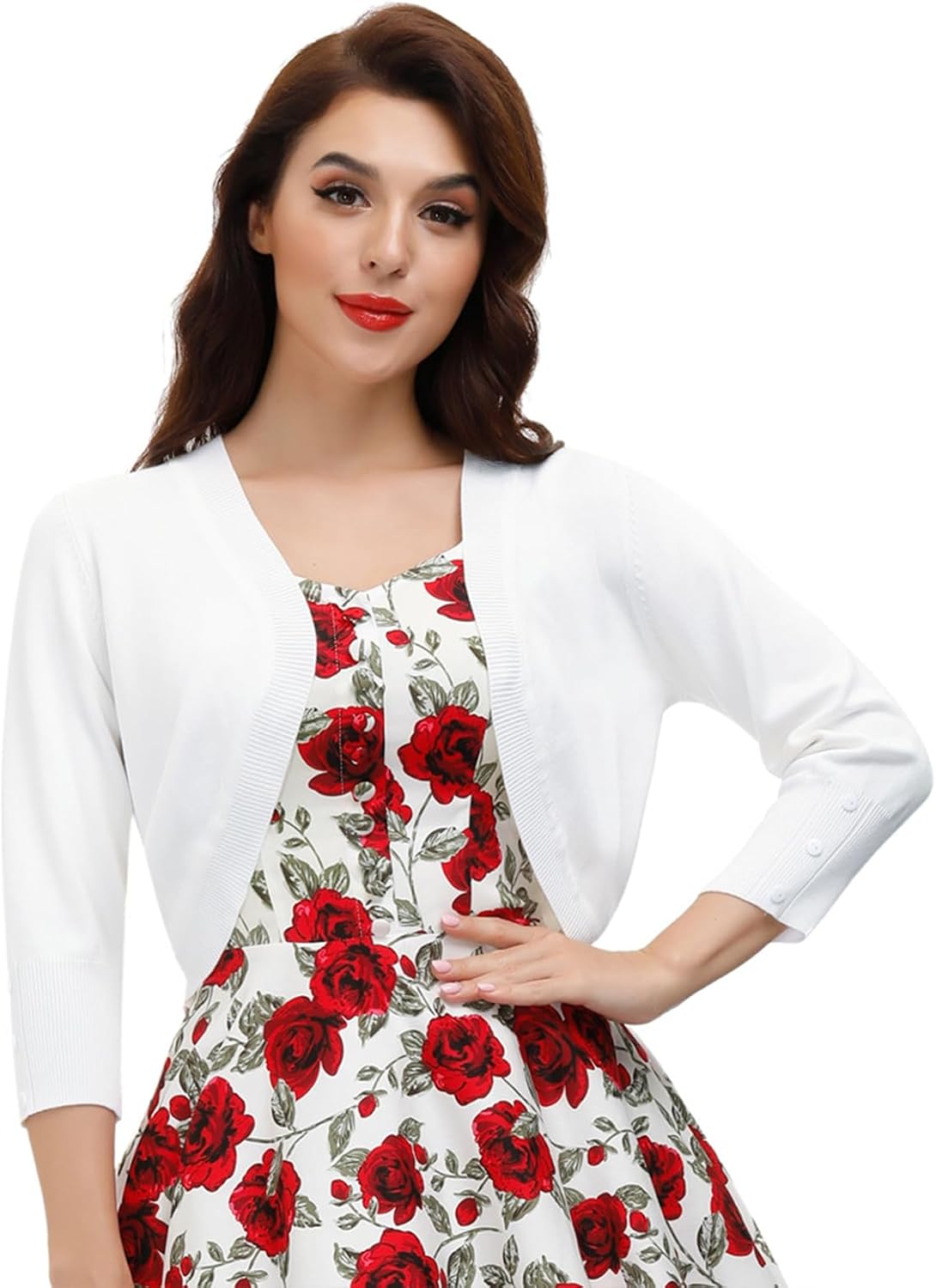 Belle Poque Womens 3/4 Sleeve Bolero Shrug Open Front Knit Cropped Cardigan Whit...