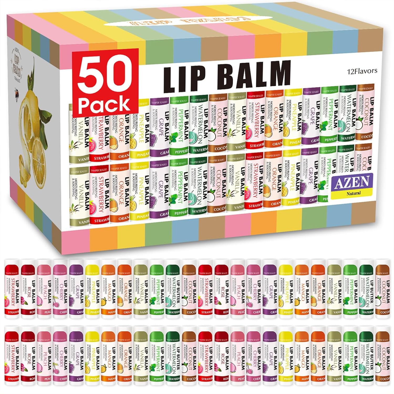 AZEN 50 Pack Lip Balm, Natural Lip Balm Bulk, Lip...