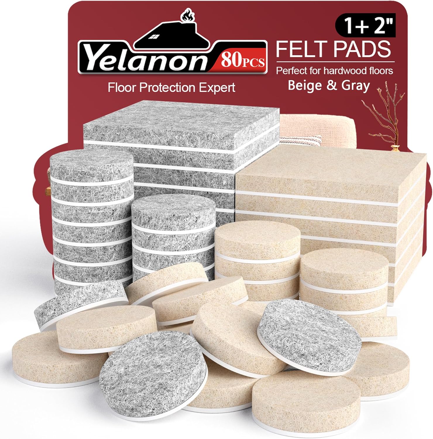 Yelanon Felt Furniture Pads - 80 Pcs Furniture Pads for Hardwoods Floors, Felt C...