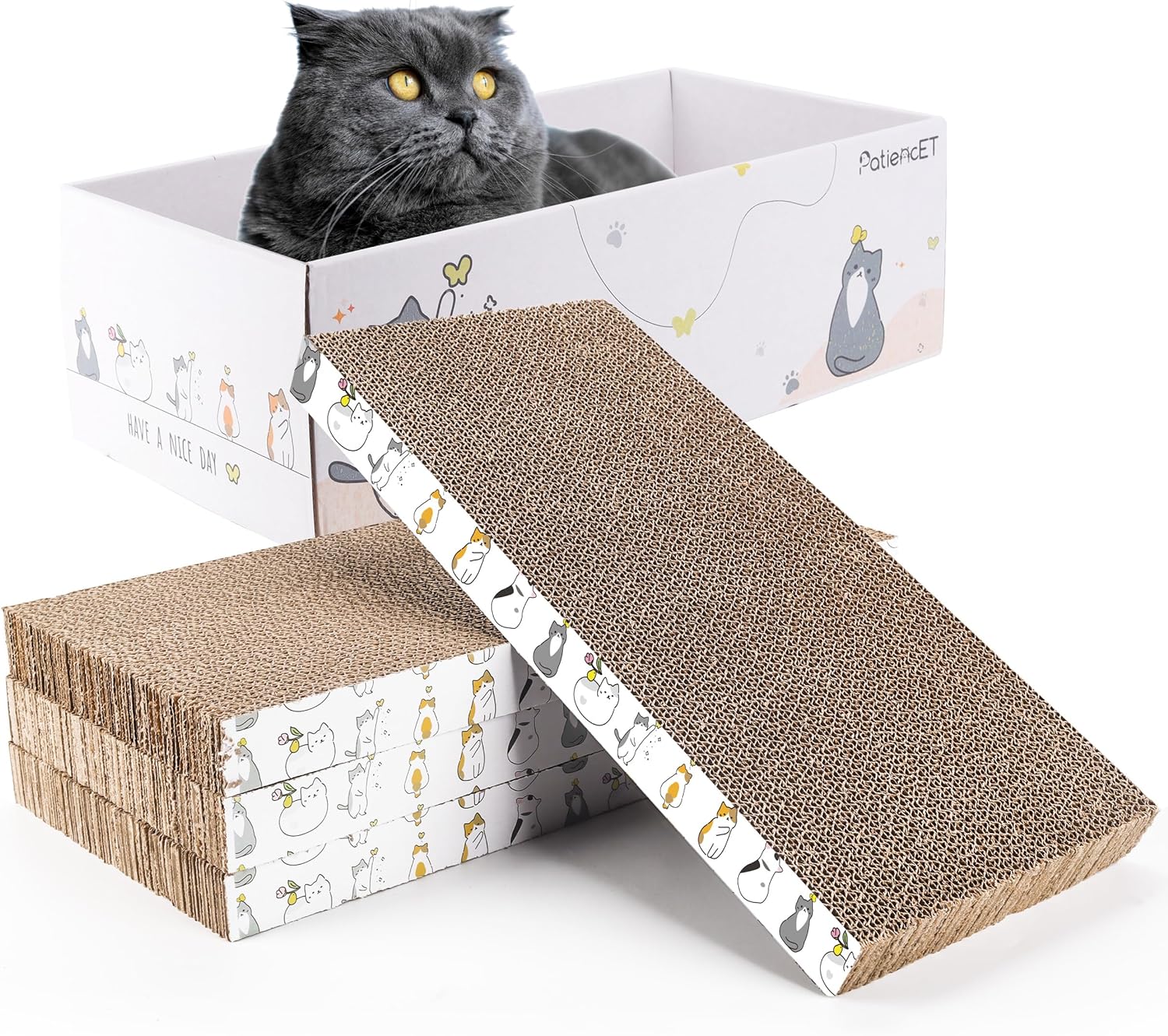 PatiencET 4 Pack Cat Scratch Pad with Box, Cardboard Cat Scratcher for Indoor Ca...