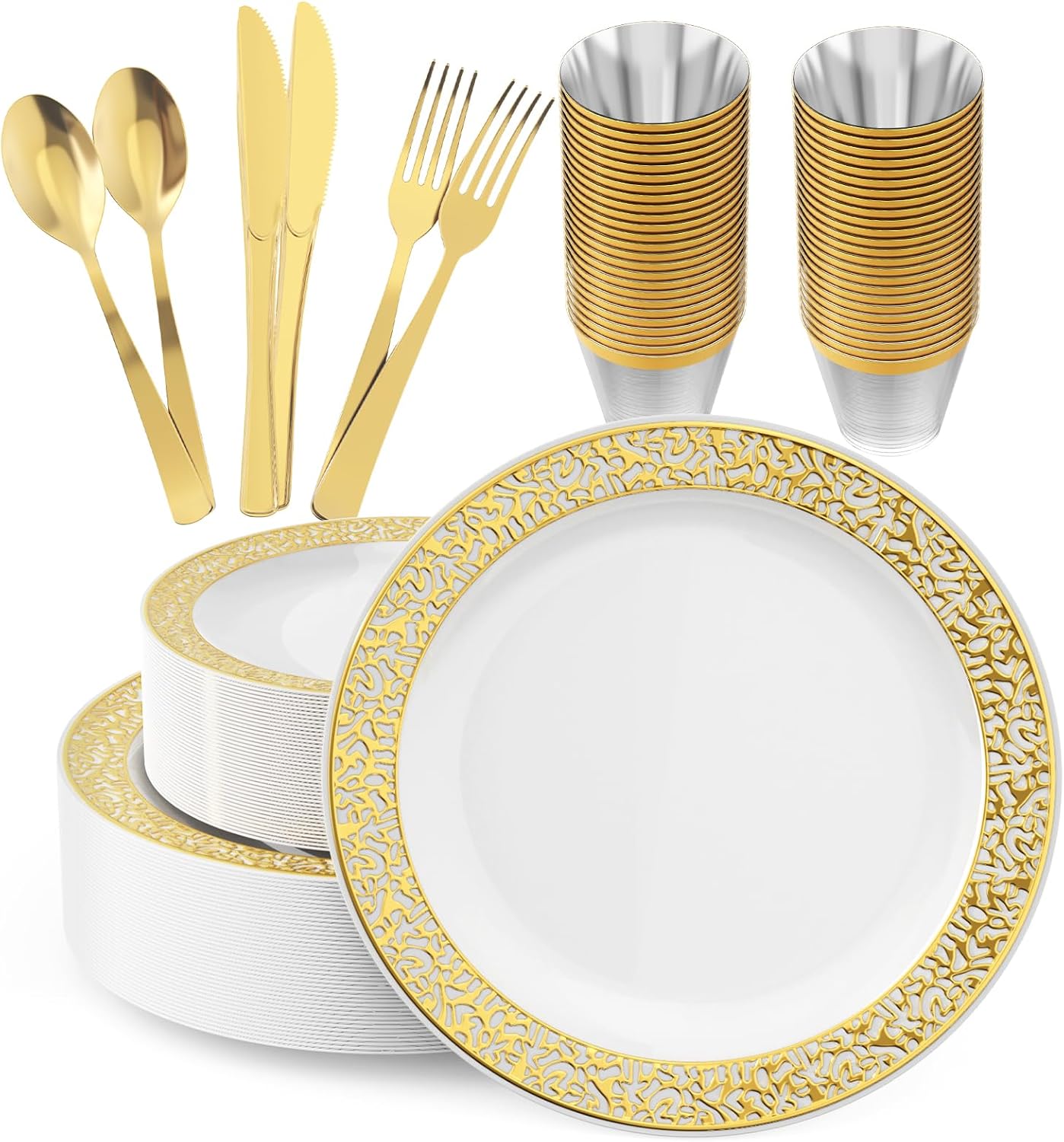 150 Count Gold Dinnerware Set, Elegant Plastic Plates Disposable Include: 25 Gol...