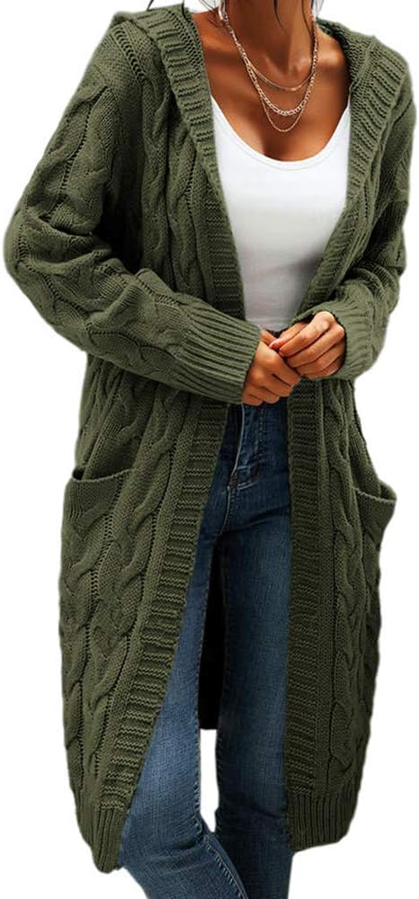 Women Hooded Open Front Cardigan, Unique Cable Knit Sweaters Solid Color, Specia...