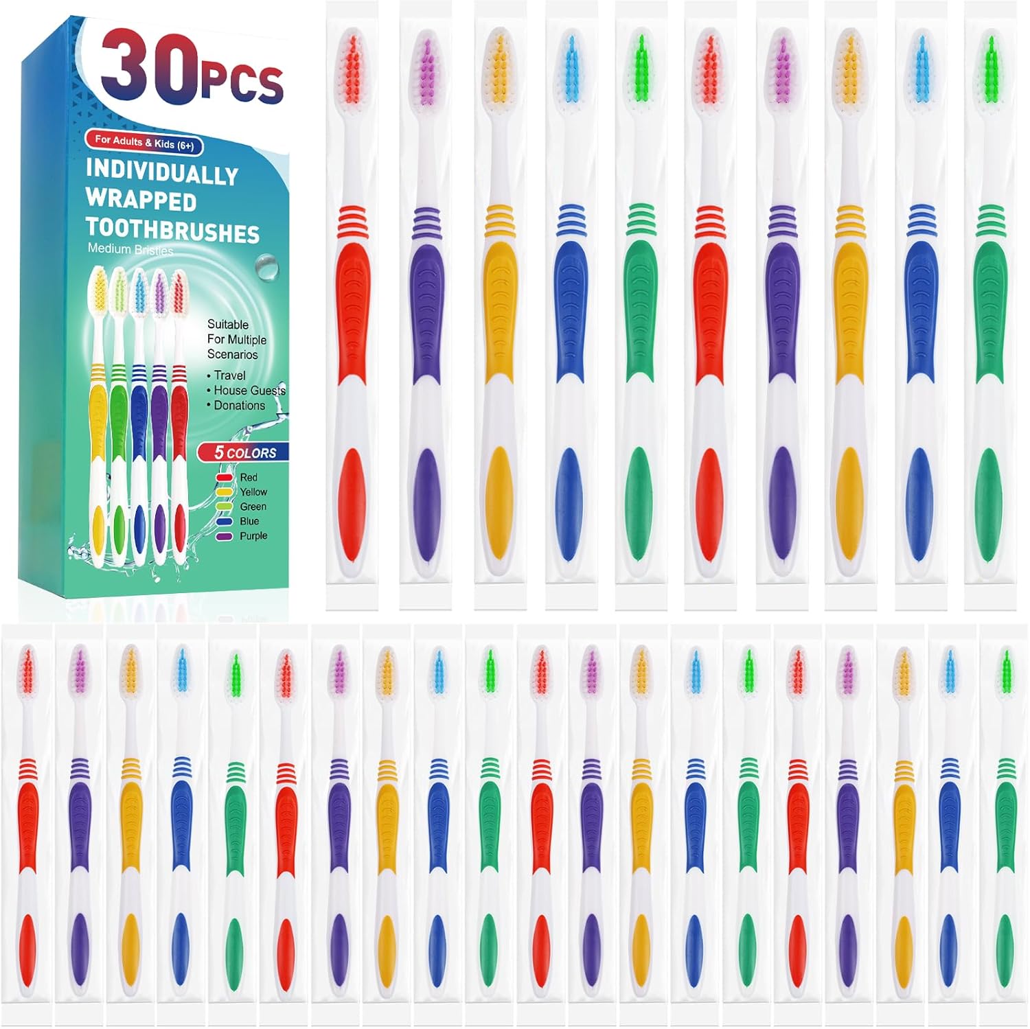 Navona 30 PCS Individually Wrapped Bulk Toothbrush Pack, Colorful Manual Disposa...