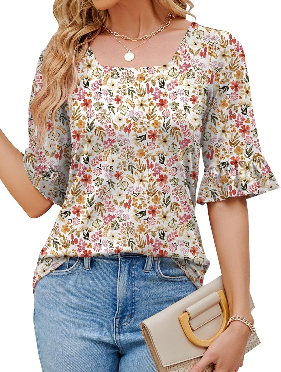 Women's 3/4 Sleeve Shirts, Special Summer Square Neck Bell Sleeve Tops, Innovati...