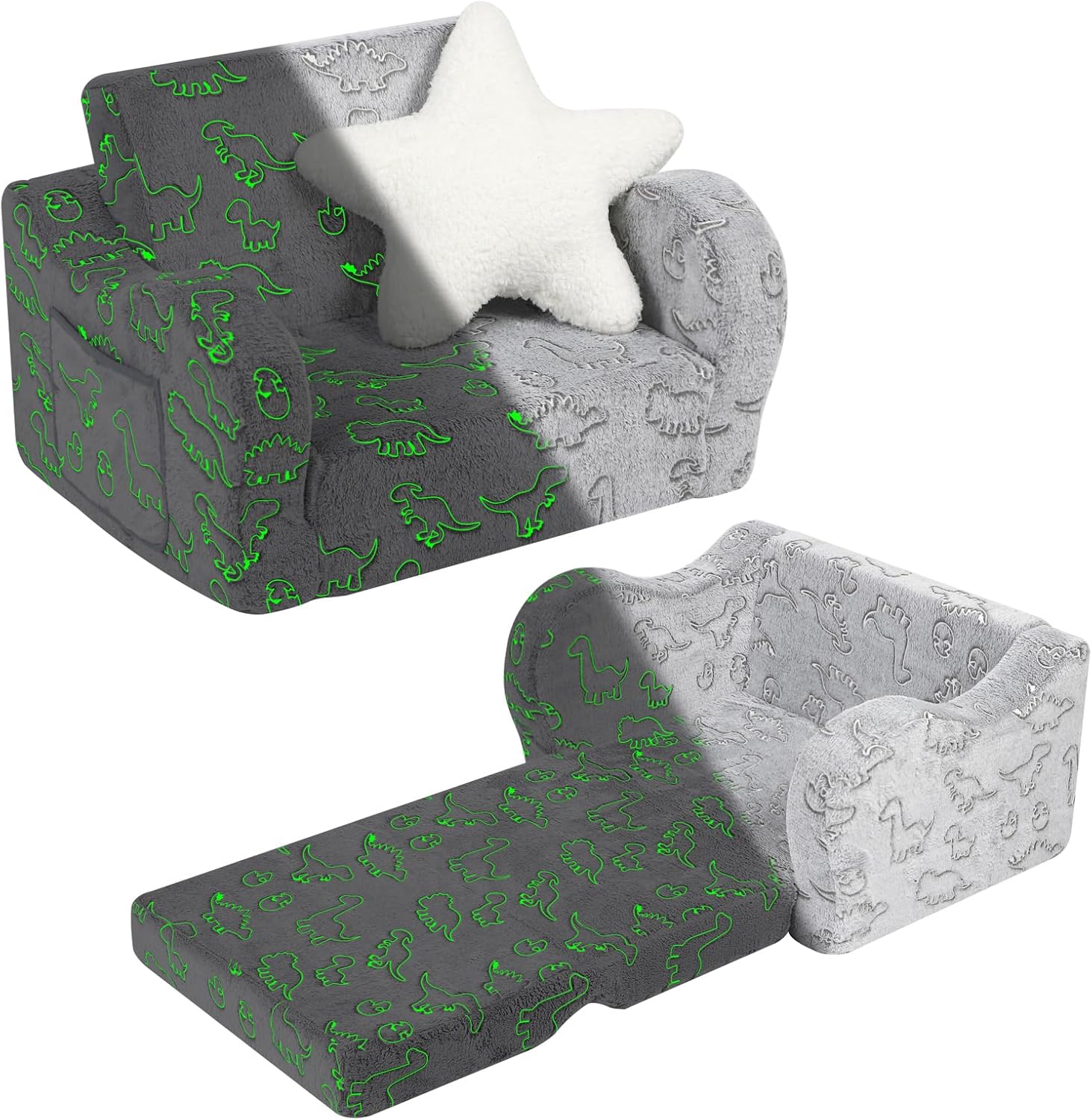 Dinosaur Glow in The Dark Toddler Couch, 2-in-1 Toddler Soft Couch Fold Out with...
