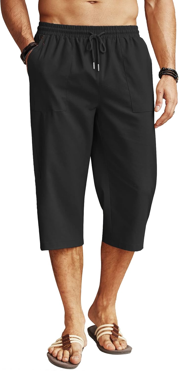 COOFANDY Men's Linen Capri Pants, Special Lightweight 3/4 Baggy Pants with Draws...