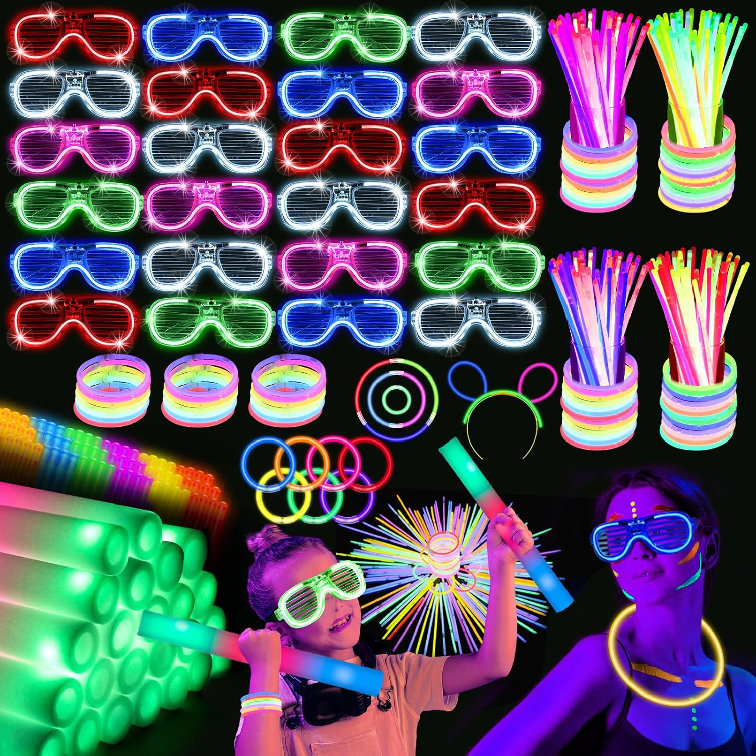 SHQDD248 PCS Glow Party Supplies, 24 PCS Foam Glow Sticks, 24 PCS LED Glasses an...