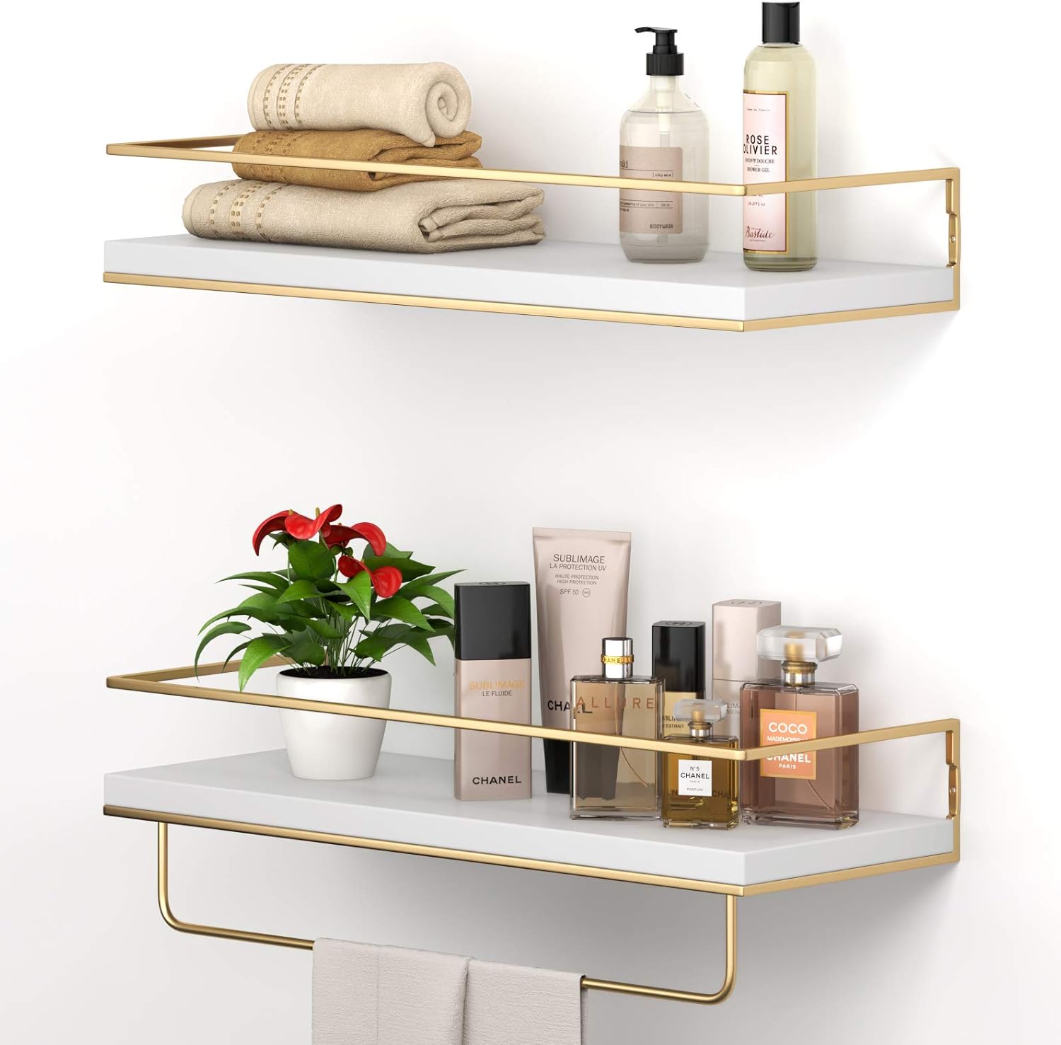 Shario White Floating Shelves - Set of 2, Wall Mounted Hanging Shelves with Gold...