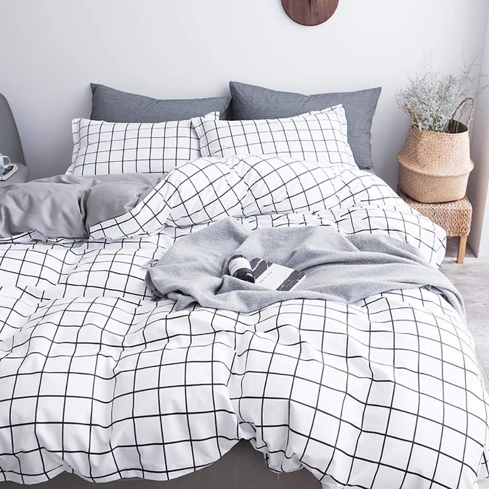 Michorinee Black and White Grid Duvet Cover Set Double Size Reversible Checked P...