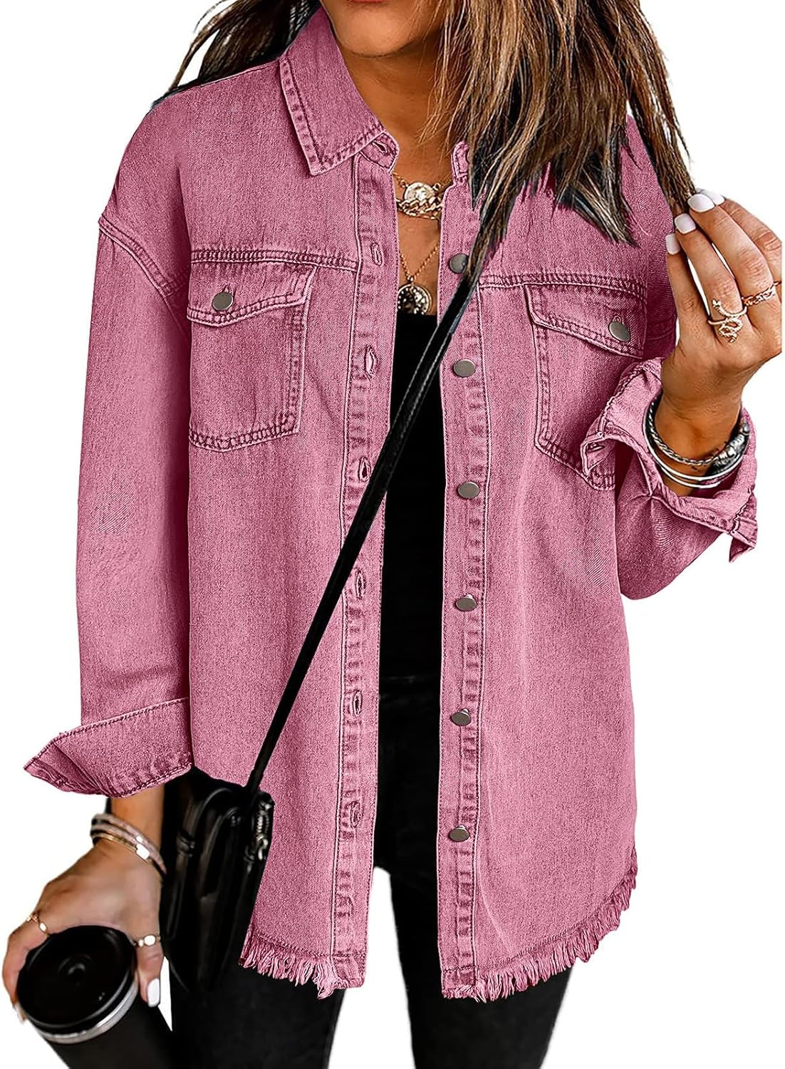 Vetinee Women’s Oversized Shacket, Special Button Up Frayed Hem Jean Jacket, Hig...