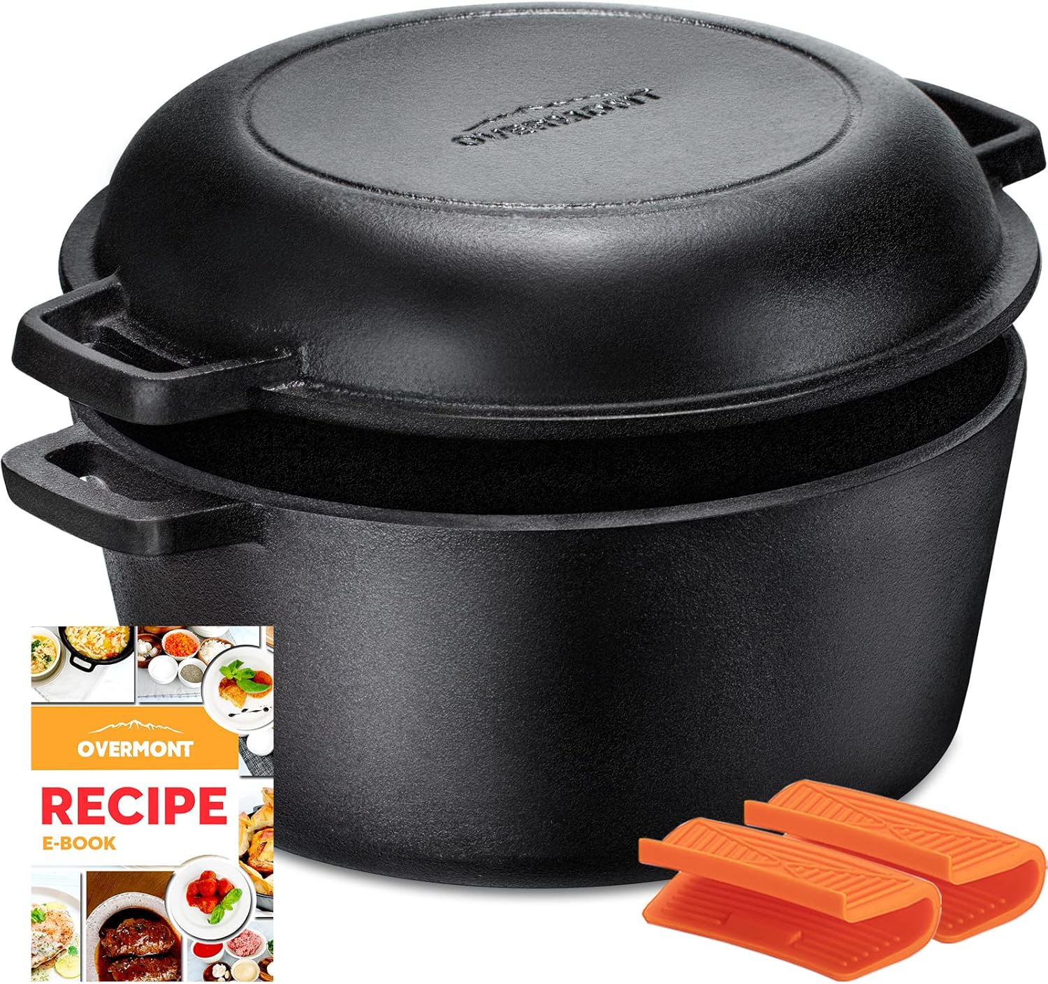 Overmont 2 in 1 Pre Seasoned Dutch Oven with Skillet Lid for Induction, Electric...
