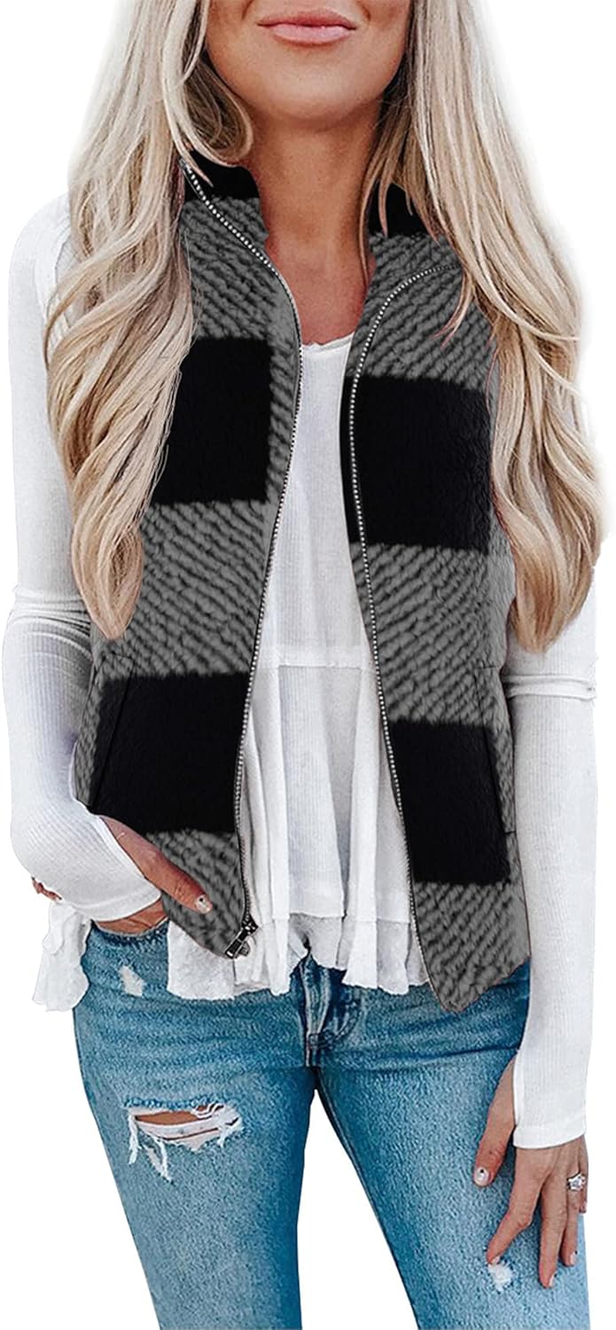 LOMON Womens Fuzzy Sherpa Fleece Jacket Lightweight Vest Cozy Sleeveless Cardiga...
