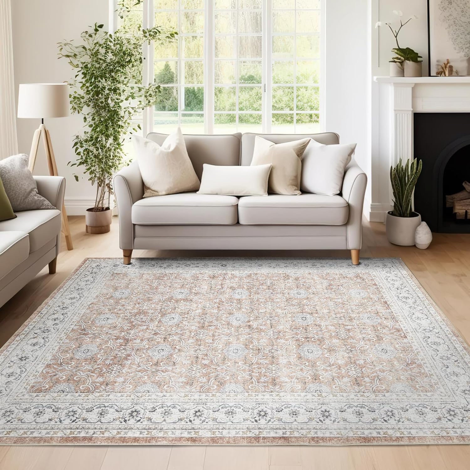 jinchan Washable Area Rug 5x7 Low Pile Faux Wool Bedroom Rug Indoor Orange Flora...