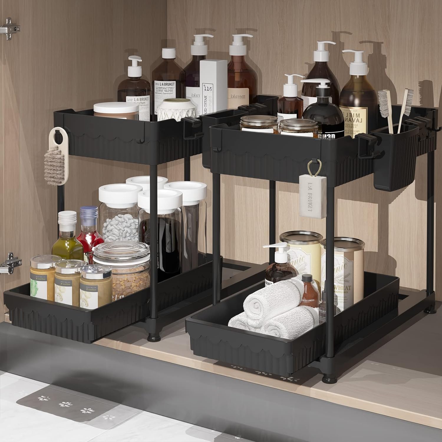 2 Pack Under Sink Organizers and Storage, 2 Tier Sliding Bathroom organizer,Mult...
