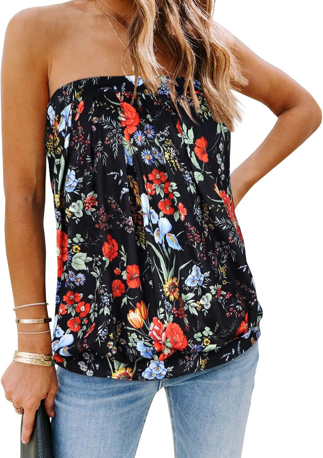 CHICGAL Women's Tube Tops Summer Casual Bandeau Tank Casual Strapless Blouse Off...