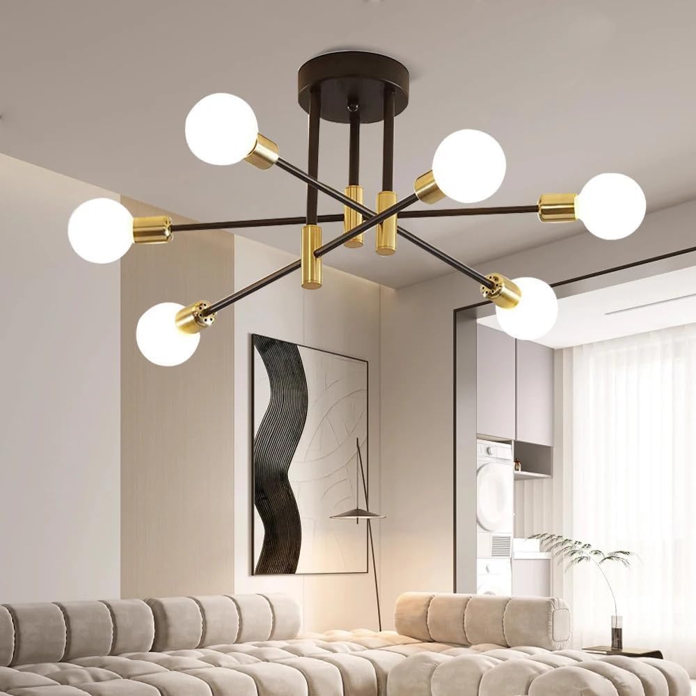 Comely Chandelier Sputnik Ceiling Light, 6 Lights E27 Black Gold Modern Chandeli...
